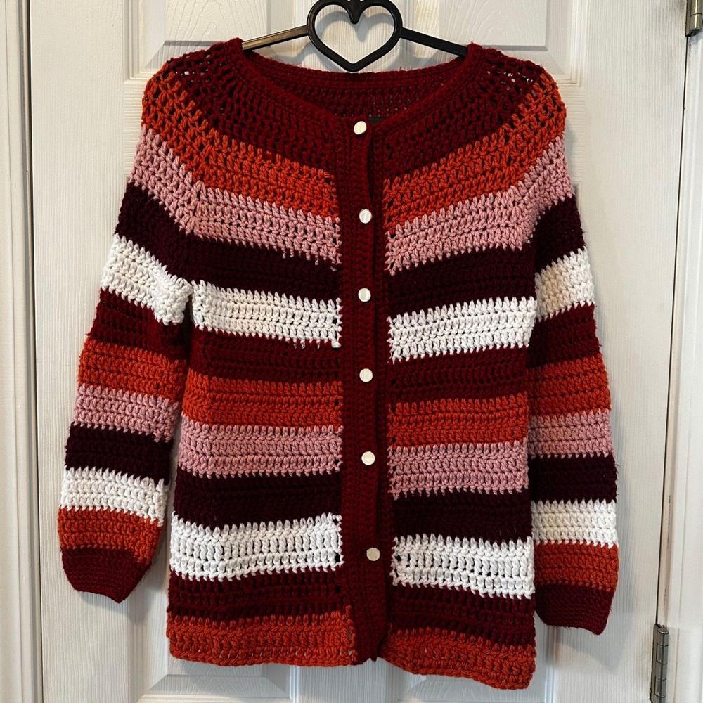 Crochet Cardigan‎ Multicolor Striped Button Front Boho Festival Sweater M - Picture 2 of 8